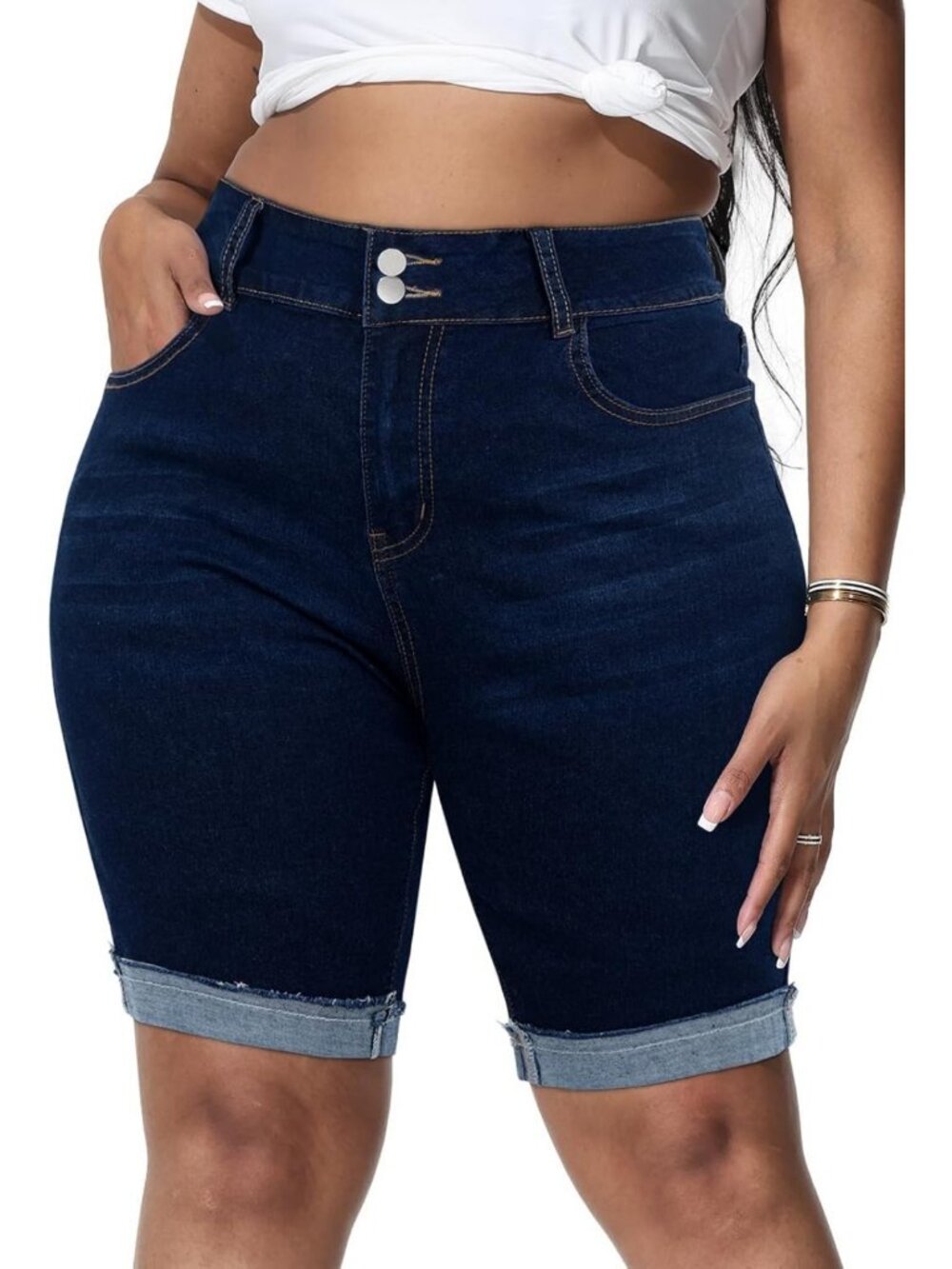 Plus Size Stretchy High Waisted Ripped Denim Bermuda Shorts, 10" Inseam